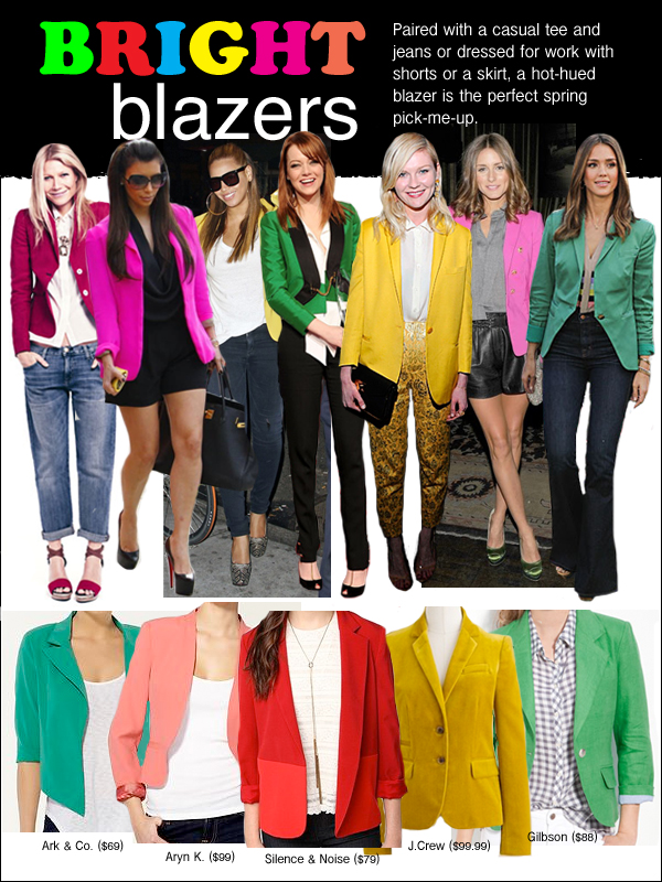 bright blazers, beyonce yellow blazer, olivia palermo pink blazer, jessica alba green blazer, kim kardashian pink blazer
