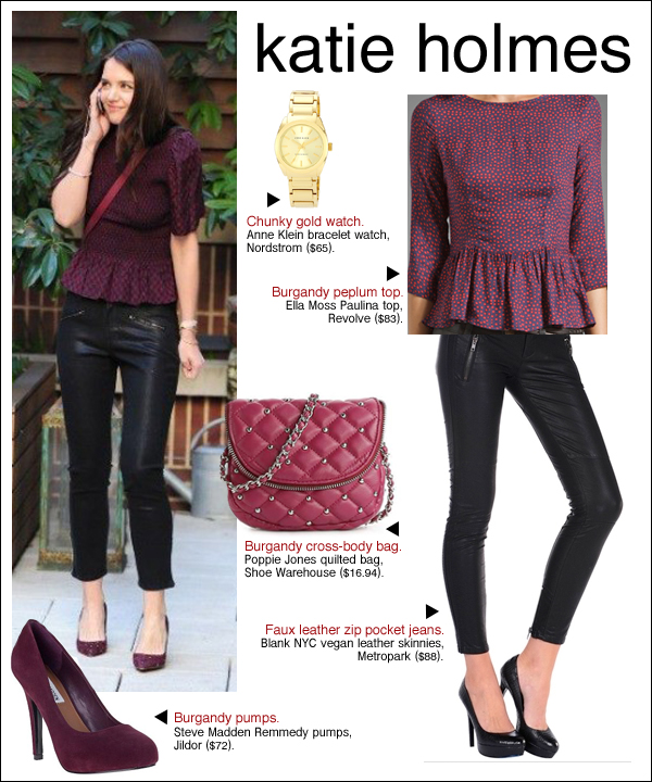 katie holmes style, katie holmes leather pants, katie holmes peplum, katie holmes fashion