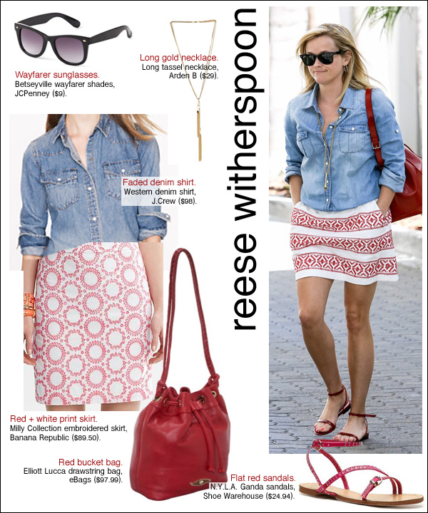 reese witherspoon style, reese witherspoon denim shirt, reese witherspoon bag